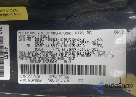 2012 Toyota Tundra Grade 5.7L V8 from USA, damaged, VIN 5TFDW5F18CX250790